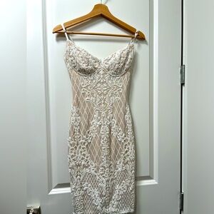 Beaded white on nude bodycon dress
